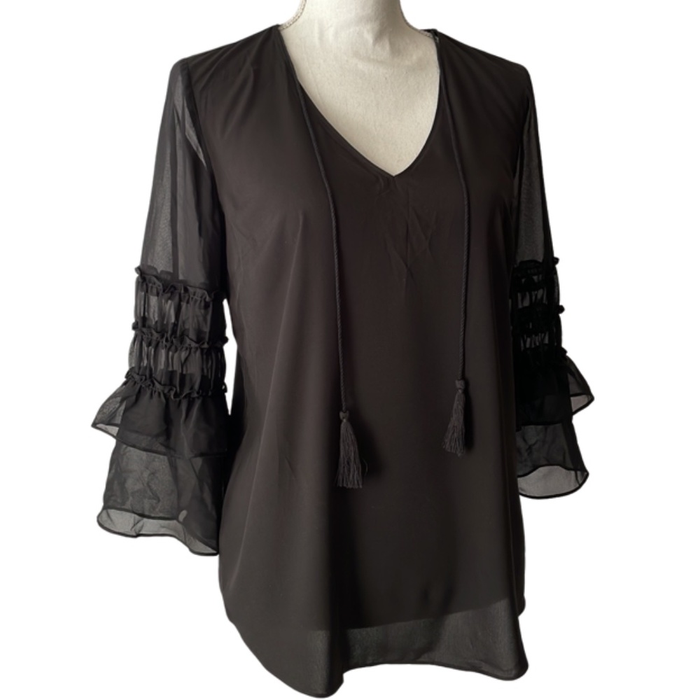 Tahari Theresa Ruffle Sleeve Black Blouse - small